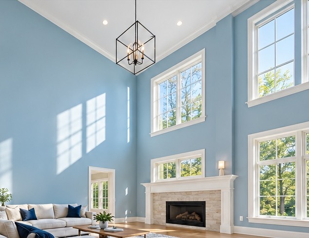 Reference inspiration: blue painted walls, white ceiling and trim in a sunlit family room