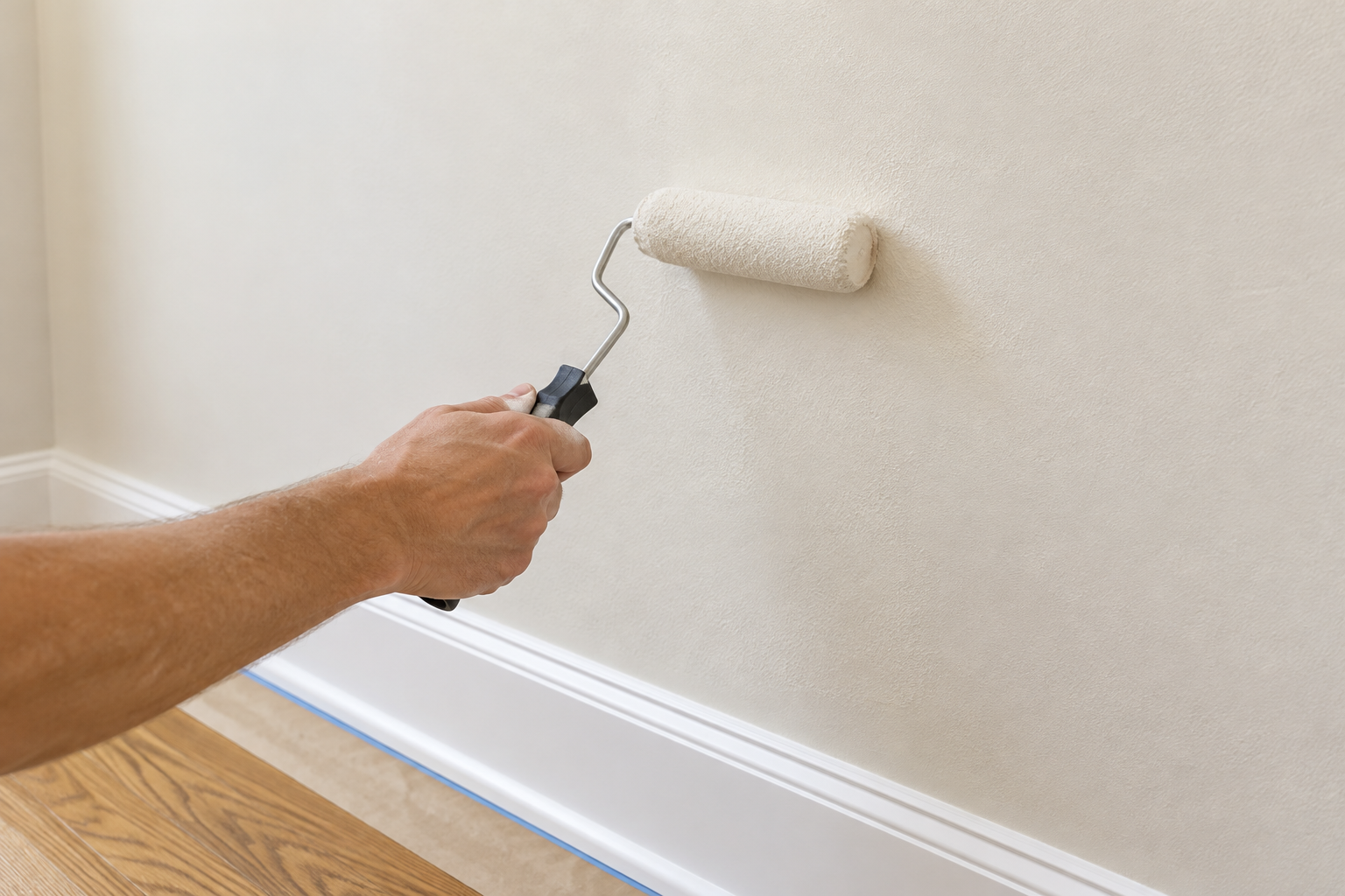 Illustrative close-up of a mini roller refreshing an interior wall
