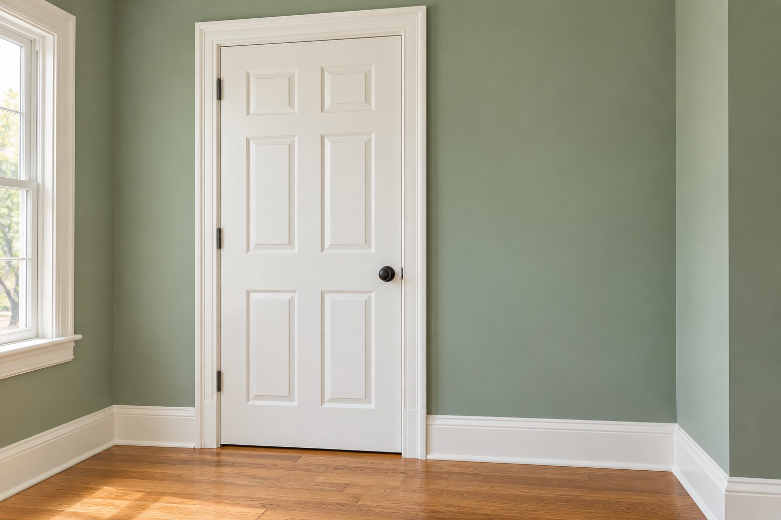 Illustrative white painted door, casing and baseboards against a sage wall