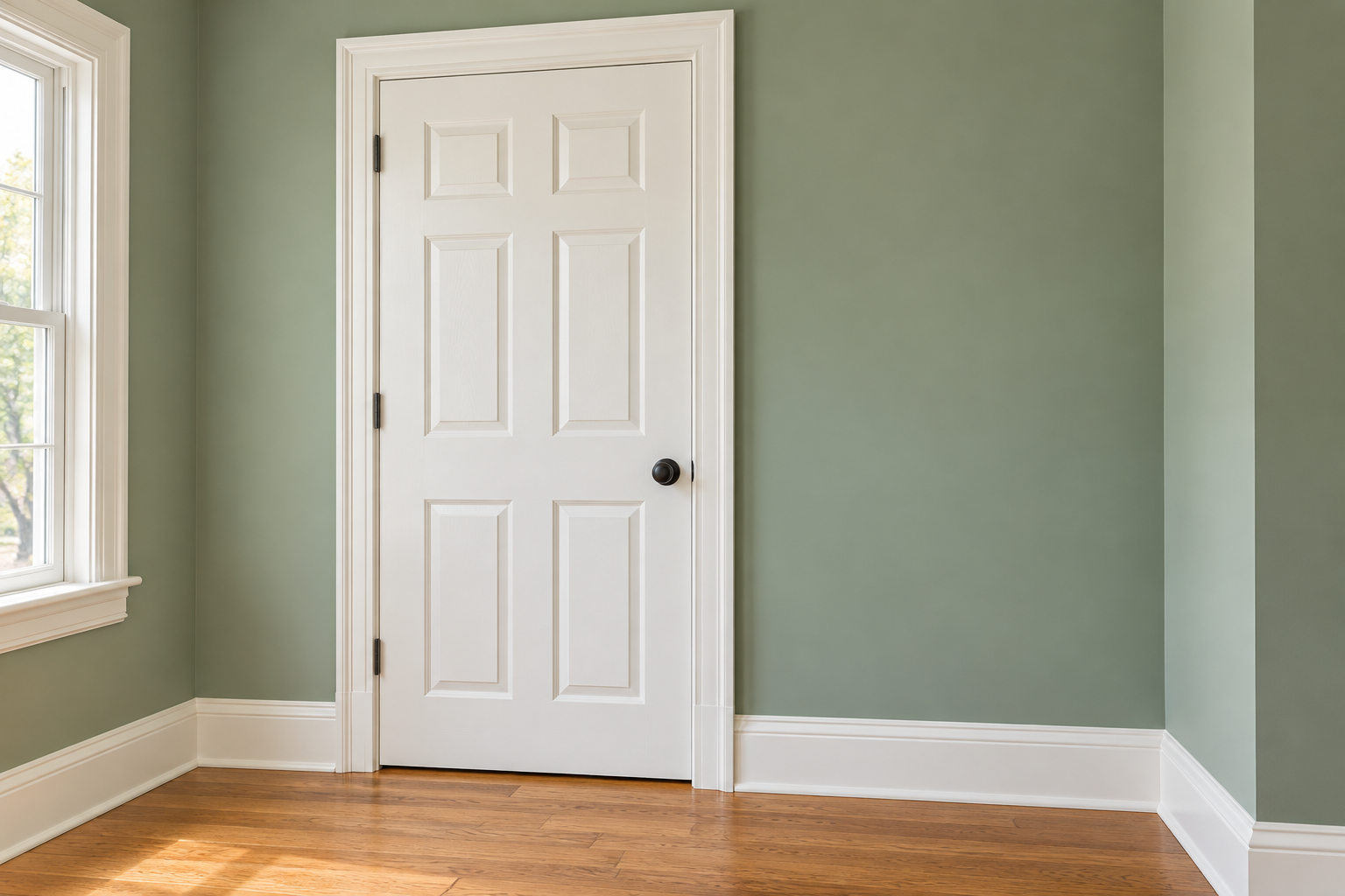 Illustrative white painted door, casing and baseboards against a sage wall